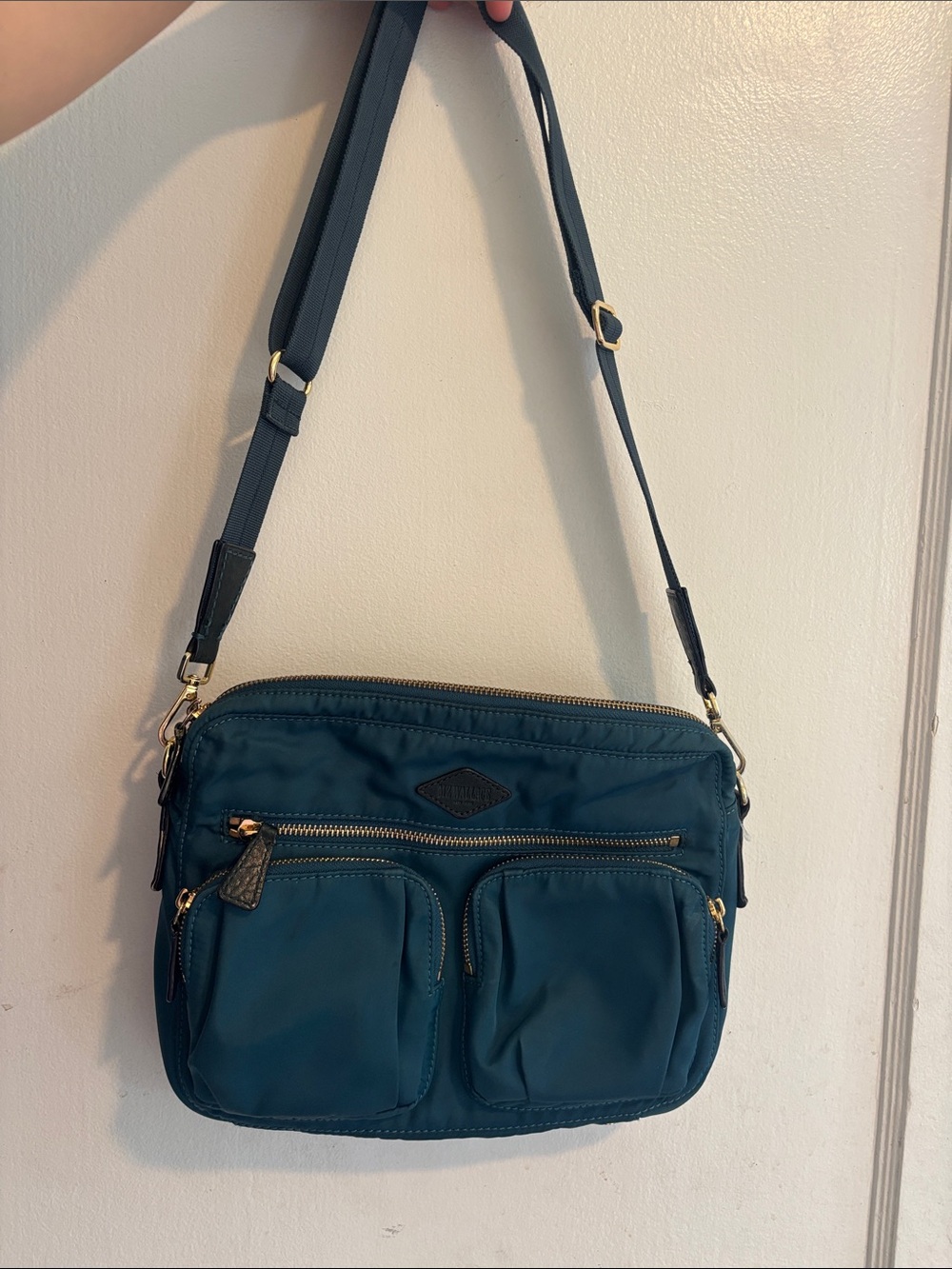 MZ Wallace Teal Nylon Crossbody with Gold Hardware and Adjustable Strap
